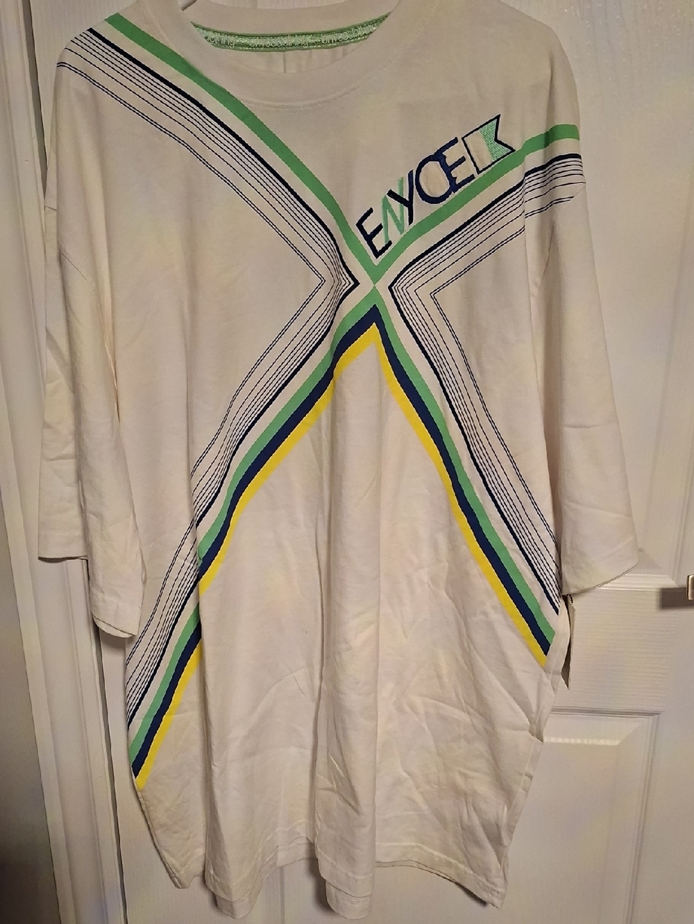 Enyce White Short-Sleeve Tee with Green and Yellow Stripe Accents